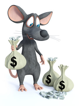 3D rendering of a cartoon mouse with money.