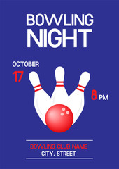 Bowling night invitation poster with ball and pins. Vector A4 scaled illustration