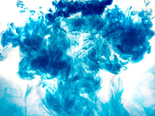 Fototapeta na wymiar Poster color in water. Abstract background., Color paint drops in water. Ink swirling underwater, Cloud of silky ink collision on white background. Colorful abstract smoke explosion animation.