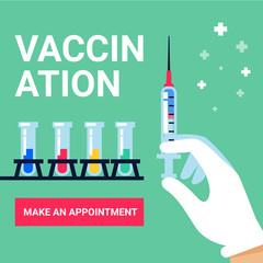 Vaccination web banner. Syringe in doctor hand, test tube vaccines and button on green background. Flat stylr vector illustration
