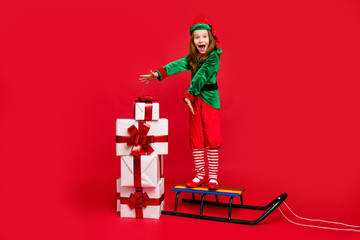 Full length body size view of nice attractive ecstatic dreamy cheerful cheery glad funny pre-teen...