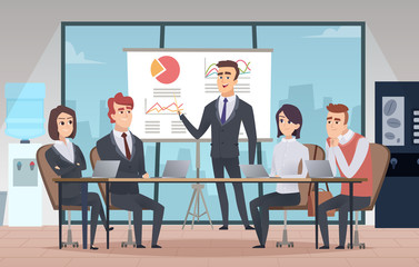 Meeting office interior. Business conference room with people managers working team vector cartoon interior. Illustration office meeting, business team and teamwork