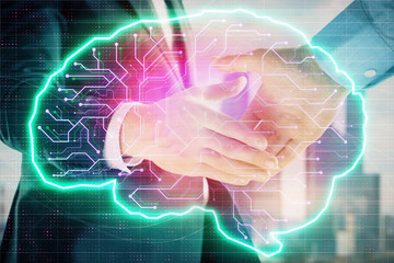 Multi exposure of human brain drawing on city view background with handshake. Concept of brainstorm