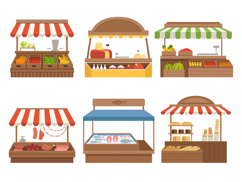 Local market. Street food places stands outdoor farm vegetables fruits meat and milk vector pictures. Illustration farm marketplace, dairy and sausage natural, farm stall with awning