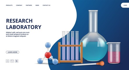 Research laboratory landing page. Pharmaceutical vector web banner template. Realistic lab equipment. Medical lab equipment, science medicine website illustration