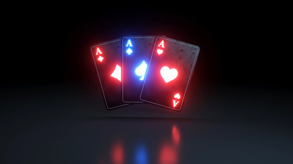 Three Aces Poker Cards With Glowing Neon Lights Isolated On The Black Background - 3D Illustration