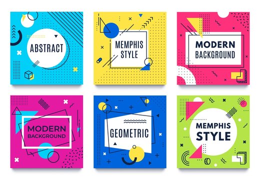 Abstract geometric frame. Memphis square cards, funky colourful stripes and dots shapes and quotes text frames background. Futuristic brochure, advertising 80s frames. Isolated vector icons set