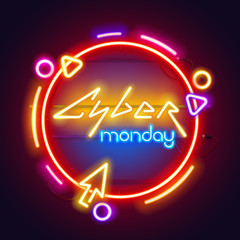 Round colorful neon cyber monday sign for your projects in retro-futuristic style.