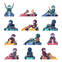 Karting cars. Fast racers speed karting machines on road vector cartoon illustration. Racer driver speed, competition vehicle cart - obrazy, fototapety, plakaty