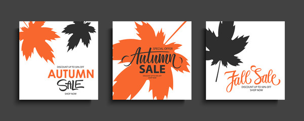 Autumn Sale promotional cards set. Fall season special offer templates with hand lettering and maple leaves for business, seasonal shopping, promotion and advertising.