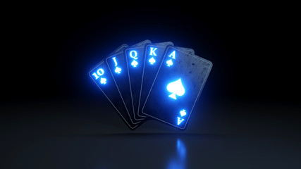 Royal Flush in Spades Poker Playing Cards With Neon Lights Isolated On The Black Background - 3D Illustration - obrazy, fototapety, plakaty