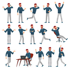 Obraz premium Cartoon man in casual outfit. Male character in different poses, walking guy and standing man. Bearded hipster teen clothes, geek teenager outfit. Isolated vector illustration icons set
