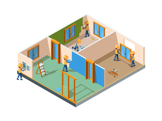 Home renovation. Stages rooms interior renovation paint wall flooring new construction builders working equipment vector isometric. Renovation interior home, wall indoor painted by roller illustration
