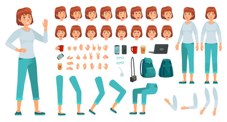 Cartoon female character kit. City in casual clothing woman creation constructor, different hands, legs and body poses. Custom girl character parts, female generator. Isolated vector icons set