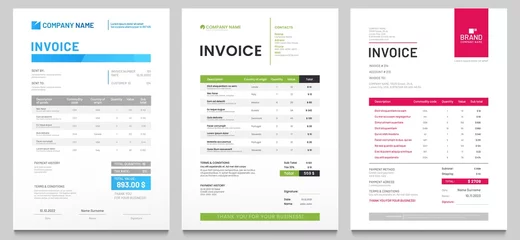Fotobehang Business invoice form template. Invoicing quotes, money bills or price invoices and payment agreement design templates. Tax form, bill graphic or payment receipt page vector set © Tartila