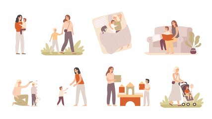 Mother and son. Mom raising child, motherhood love and moms hugs for little boy. Happiness parenting playing, mothers with sons relationship. Isolated vector illustration icons set