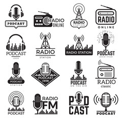 Radio station logo. Music studio podcast speaker vector badges collection. Radio station logo with antenna, broadcast logotype Fm illustration