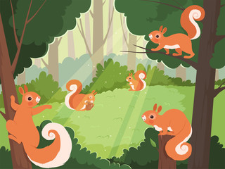 Squirrel in forest. Wild animals playing in trees vector cartoon background. Squirrel playing in green with acorn illustration © ONYXprj