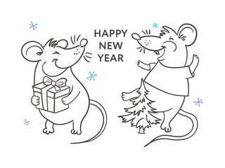 Template image Happy new year party with rat, white background new year 2020. Funny sketch mouse Vector illustration.