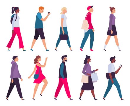 Walking people. Men and women profile, side view walk person and walkers characters. Businessman go work or casual look women go shopping. Isolated vector illustration icons set