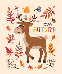 Autumn card with deer and leaves