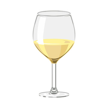 White wine in glass isolated on white background. Vector illustration of alcoholic drink in cartoon simple flat style.