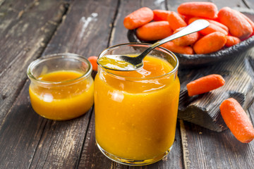 Homemade carrot jam with fresh baby carrots, copy space