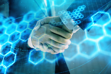 Double exposure of tech drawing on abstract background with two men handshake. Concept of technology in modern business