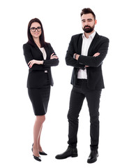 young woman and man in business suits isolated on white