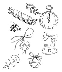 Sketch of christmas elements. Two twigs, winter berries, a bell, a jingle bell, candy and a Christmas tree toy. Graphic arts.