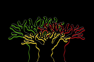 Silhouettes of Baobab trees, green, yellow and red colors, black background, illustration  
