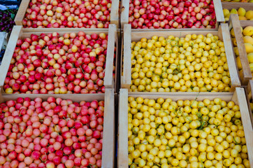 Naklejka na ściany i meble Cherries are red and yellow in boxes.