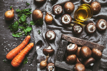 Royal mushrooms on a kitchen towel. Cooking of dishes