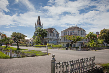 Ancient, fabulous building with a spire and towers, in the Gothic style. Guyana attractions,...