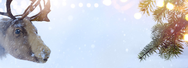 Christmas Santa Claus deer and Christmas tree on blue snow background