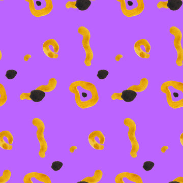 Trendy abstract seamless pattern with smears, forms yellow and grey colors on purple background. Hand painted texture for textile, fabric, paper, wrapping.