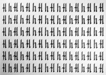 Handwriting black and white symbol filling pattern. Calligraphic letter H learning skills paper...