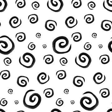 Abstract hand painted black spirales in modern style, hipster style. Authentic seamless pattern on white background.