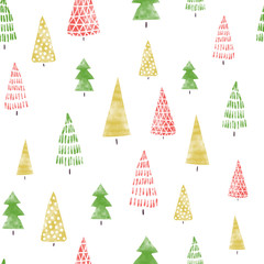 Seamless pattern with hand drawn watercolor Christmas trees. Decorative hand painted holiday background. Winter holiday design for fabric, gift wrap, card decoration, wallpaper, digital scrapbooking