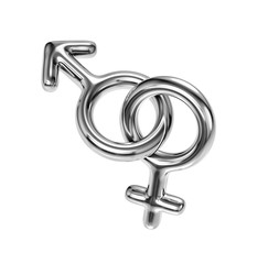 Silver male and female gender symbols. Clipping path included
