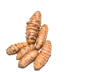 Group of curcuma roots isolated on white. Selective focus.