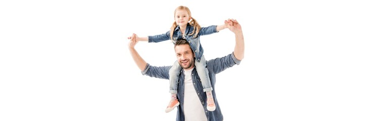 Fototapeta premium panoramic shot of smiling father holding daughter on shoulders isolated on white