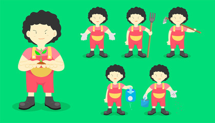 set of the farmer man standing for plant and fill fertilizer and watering a tree and holding the agriculturist equipment. character design. vector illustration eps10