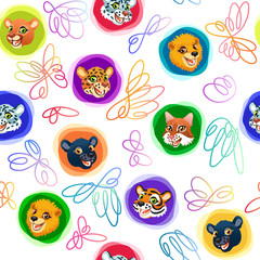 Seamless pattern with wild cat heads and scribbles