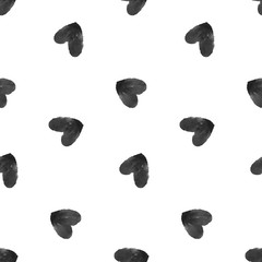 Abstract hand painted watercolor seamless pattern with black flying hearts . Isolated texture.