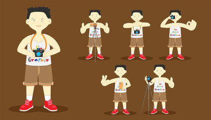 set of the various photographer man standing for holding the camera and sedn sign to start take a photo and composition and hold the phone. character design. vector illustration eps10