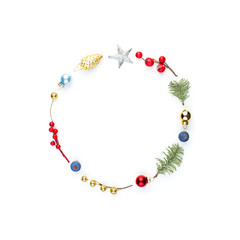 Christmas round composition frame with holly berries, silver star and green fir branch isolated on white background. Xmas flat lay top view