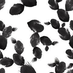 Watercolors painted seamless pattern of graphite and black color leaves of Opuntia cactus on a white background. Good for packaging, wrapping, fabric, paper, textile.