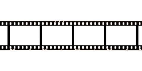 Blank, empty analog photography camera negative film strip with copy space for images isolated on white background