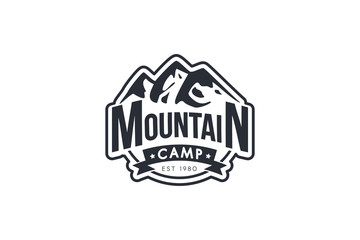Mountain camp vector monochrome logo template